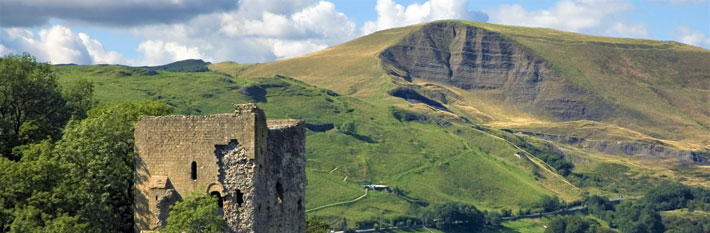 Peverill Castle in Castleton looking towards Mam Tor